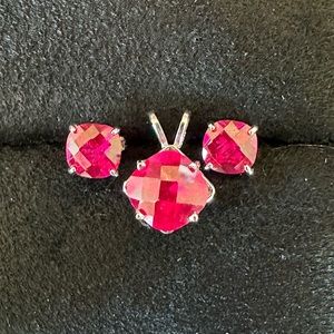 14k White Gold and Ruby Pendant and Earrings